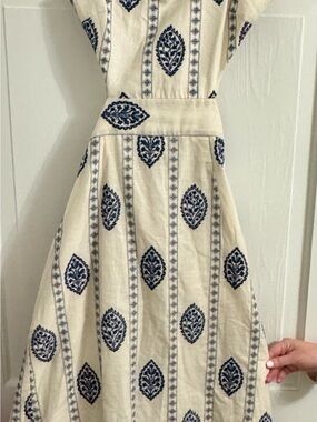 Cream and Navy embroidered summer dress